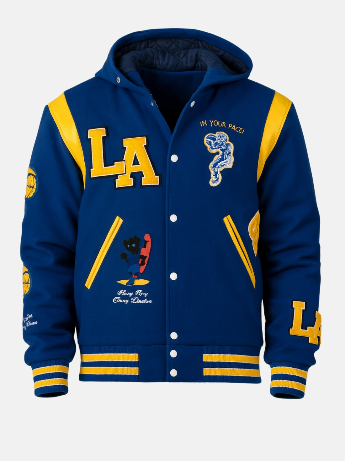  Man wearing a blue hooded varsity jacket with chenille LA patch and gold trims