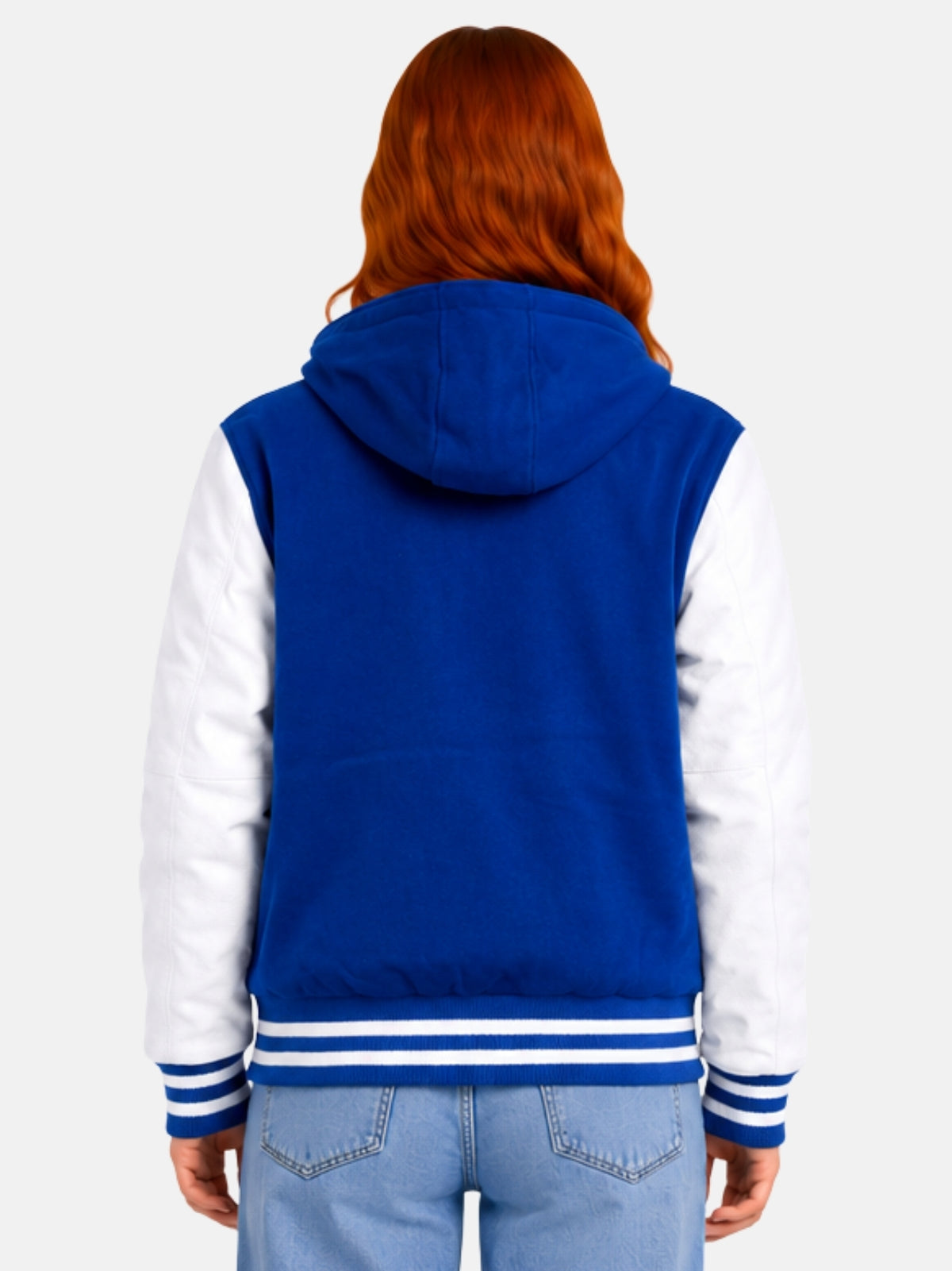 Back view of womens blue hooded varsity jacket with hood down, clean back panel
