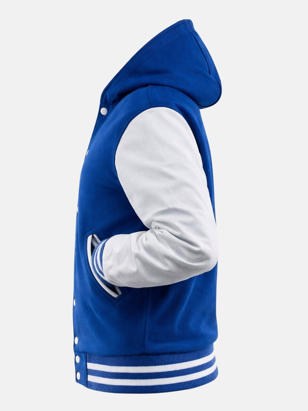 Side flat view of blue hooded varsity jacket showing hood profile and welt pocket