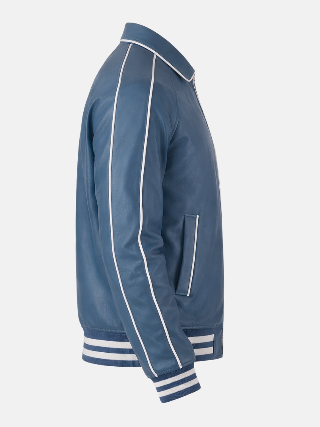 White-piped welt pocket on blue leather college jacket, side view
