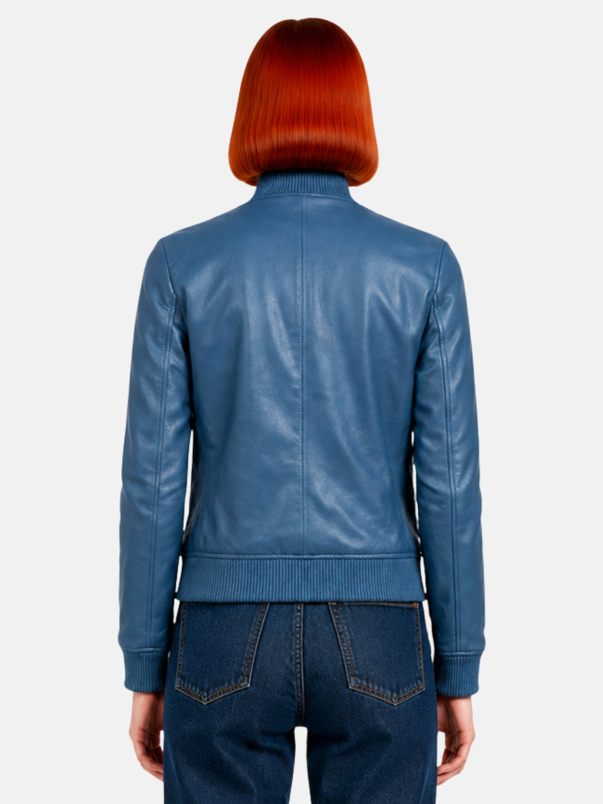 Back view of blue leather jacket showing princess seams shaping the waist