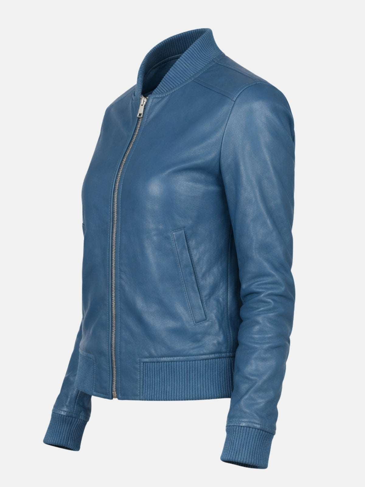 Angled flat lay of blue leather jacket showing zipper pull and vertical pocket