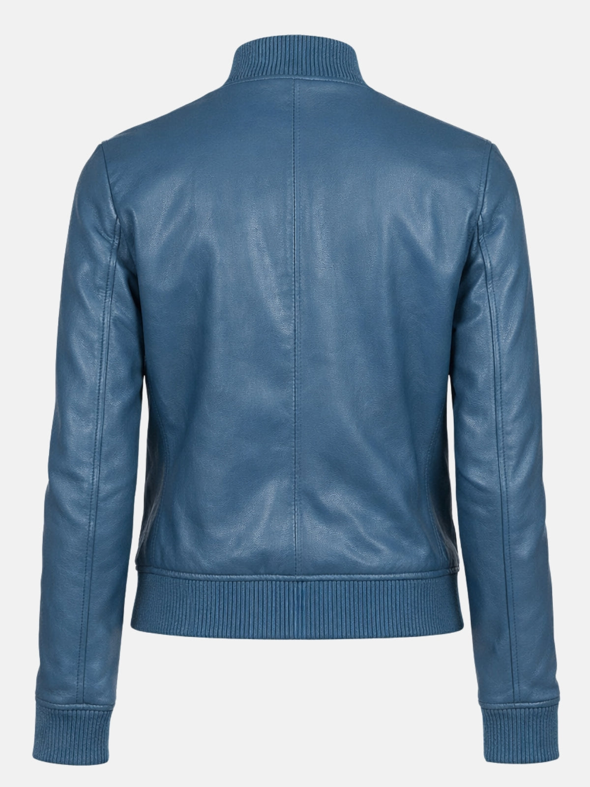 Flat lay back of blue leather jacket highlighting vertical princess seaming