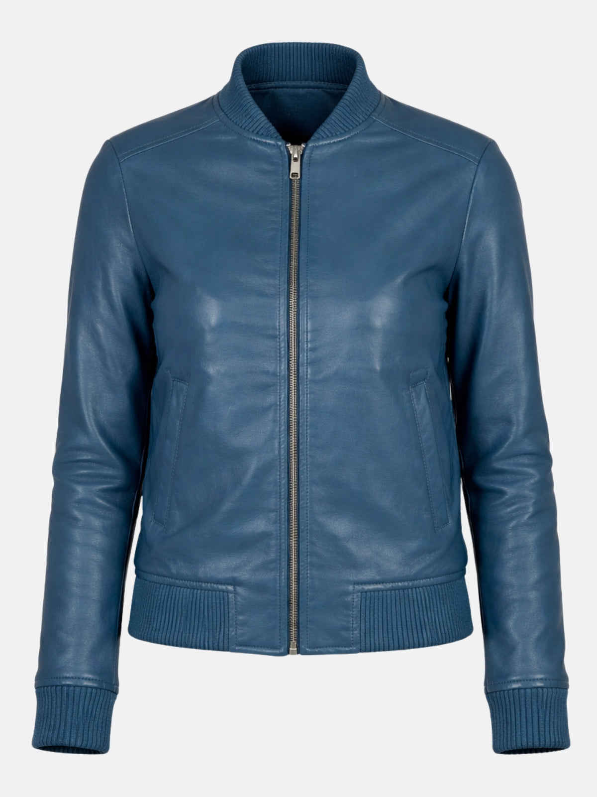 Flat lay of blue leather jacket with zip closure, ribbed collar, and welt pockets