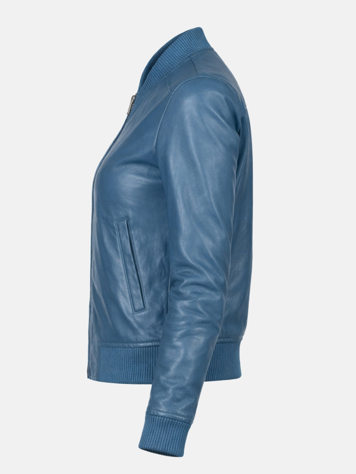 Flat lay side view of blue leather jacket showing the side-seam zip vent detail