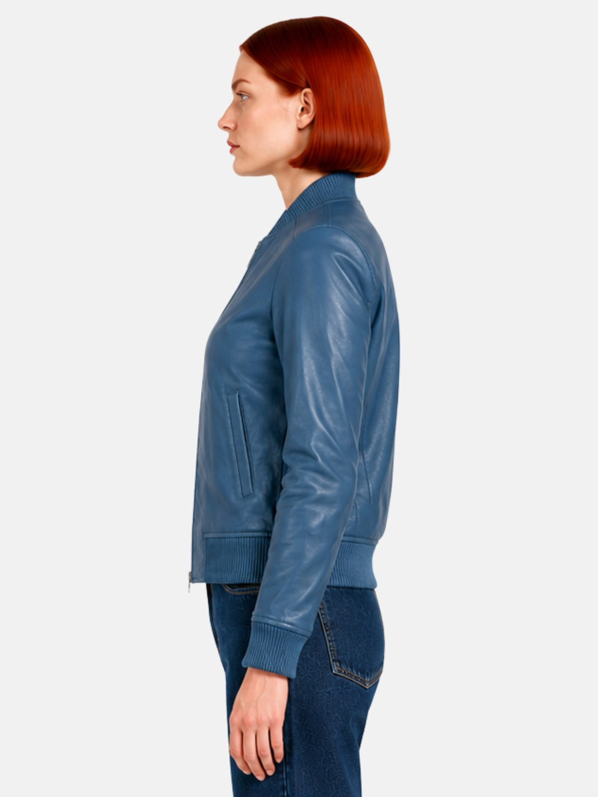 Side profile of blue leather jacket showing the hem zip vent at the side seam