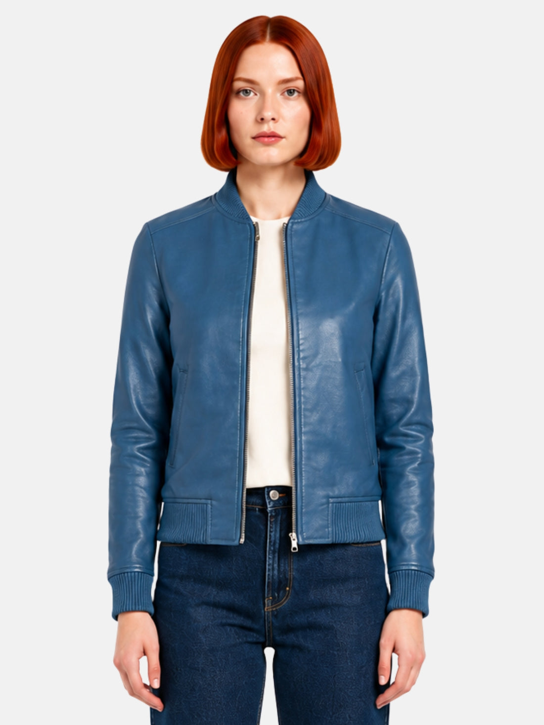 Steel-blue leather bomber jacket with silver zipper and ribbed collar on model
