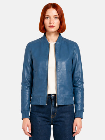 Steel-blue leather bomber jacket with silver zipper and ribbed collar on model