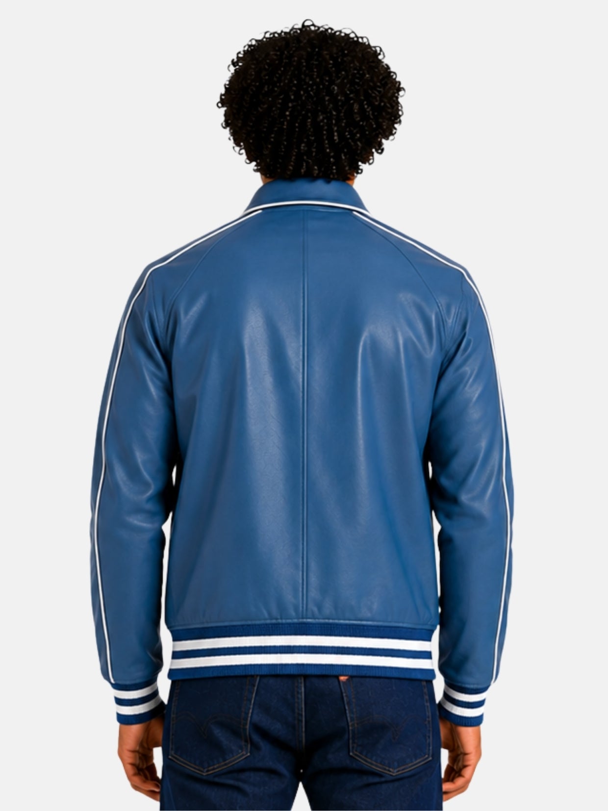 Model showing plain blue leather back of letterman jacket with piped seams