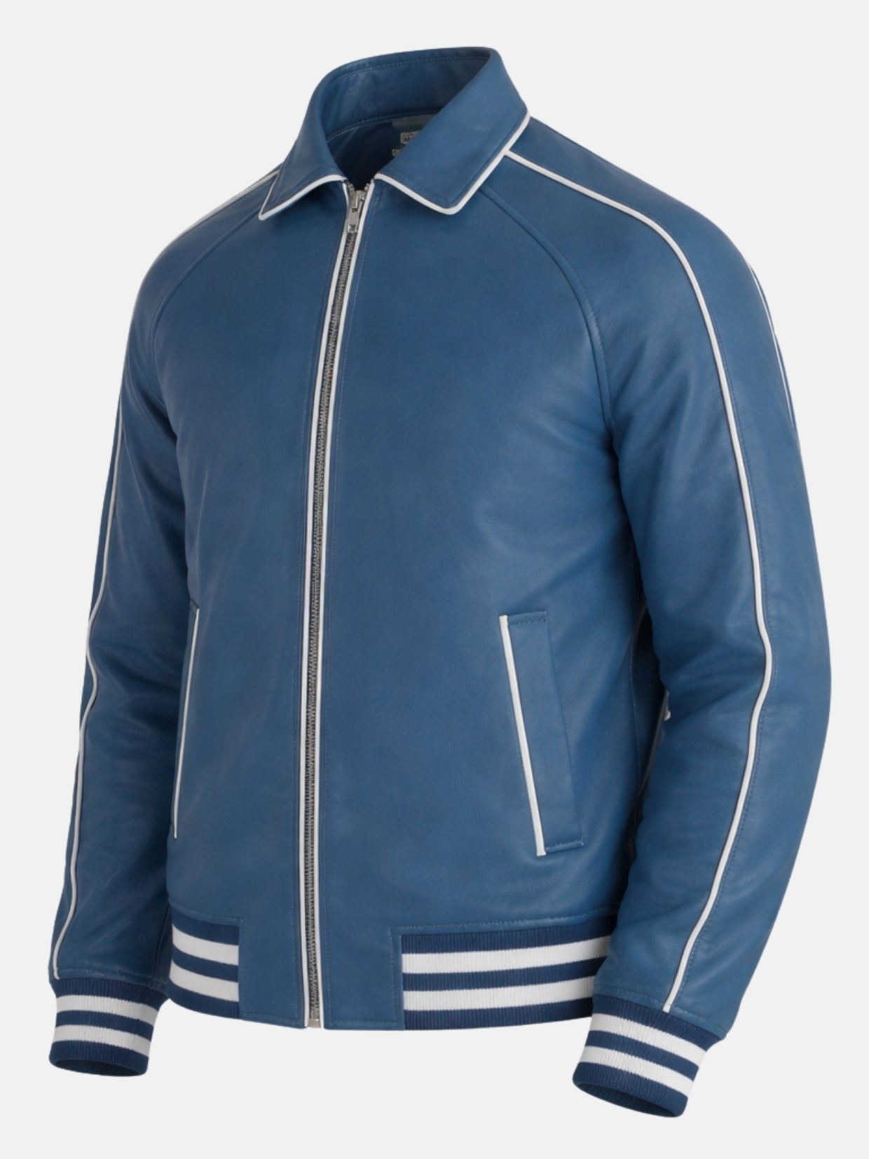 Angled view of blue leather varsity jacket with white piping and full zip front