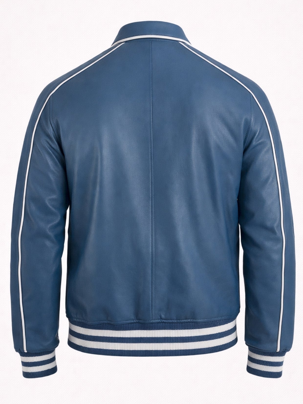 Blank back of blue leather varsity jacket with white piping and striped hem