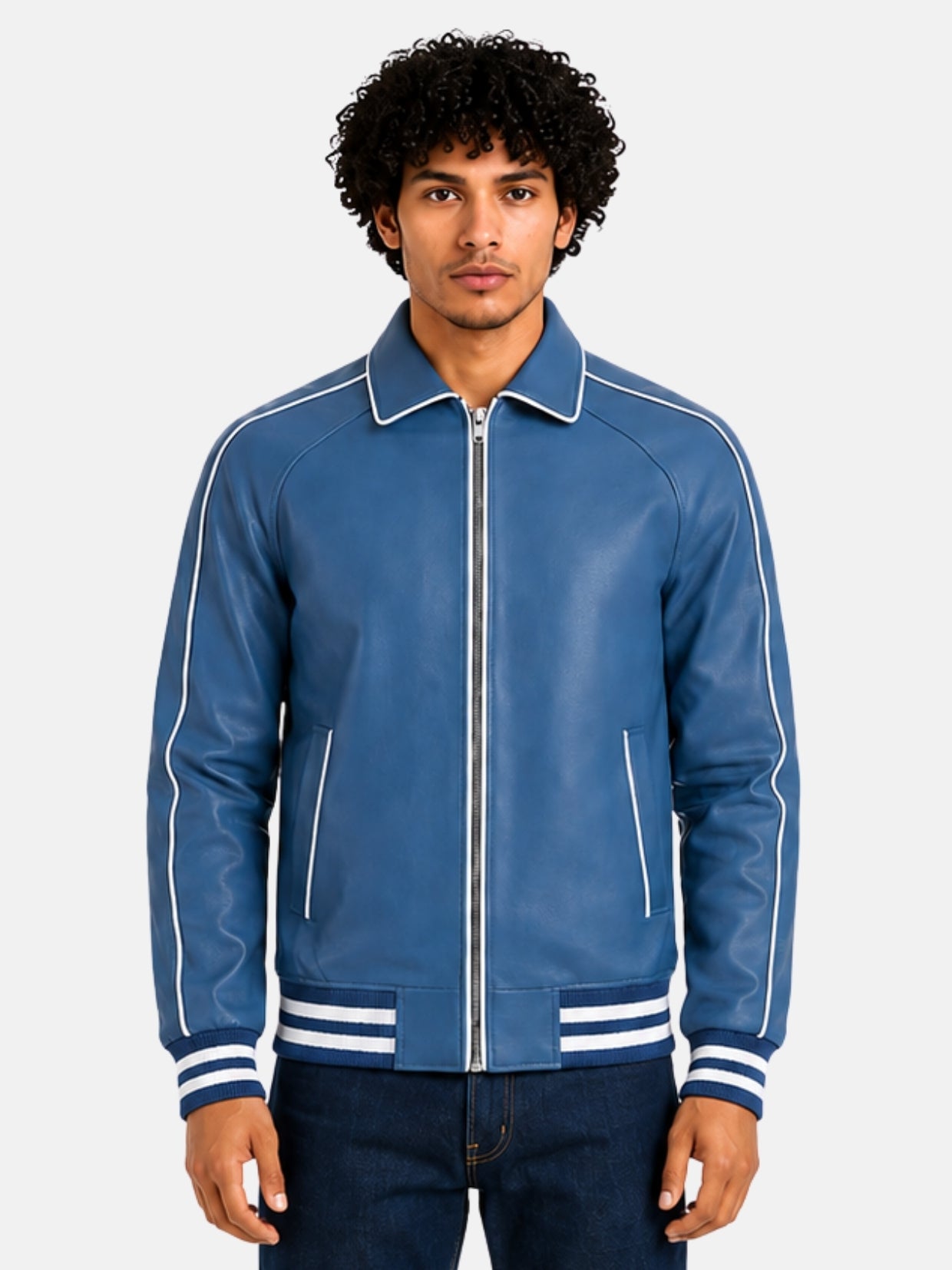 Man wearing steel blue leather varsity jacket with white piping and silver zip