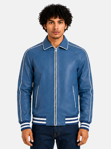 Man wearing steel blue leather varsity jacket with white piping and silver zip