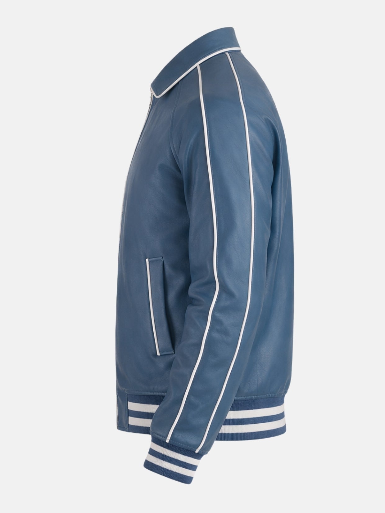 White piping along raglan sleeve of blue leather varsity jacket, side view