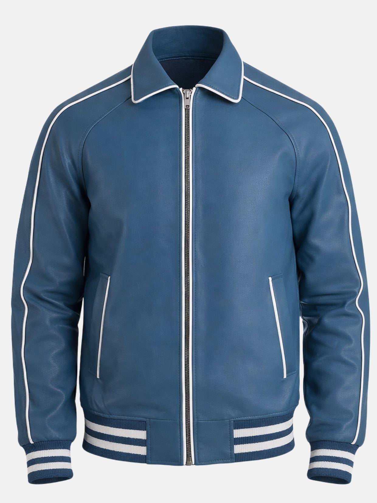 Steel blue leather varsity jacket with silver zipper, piped collar and striped rib trim