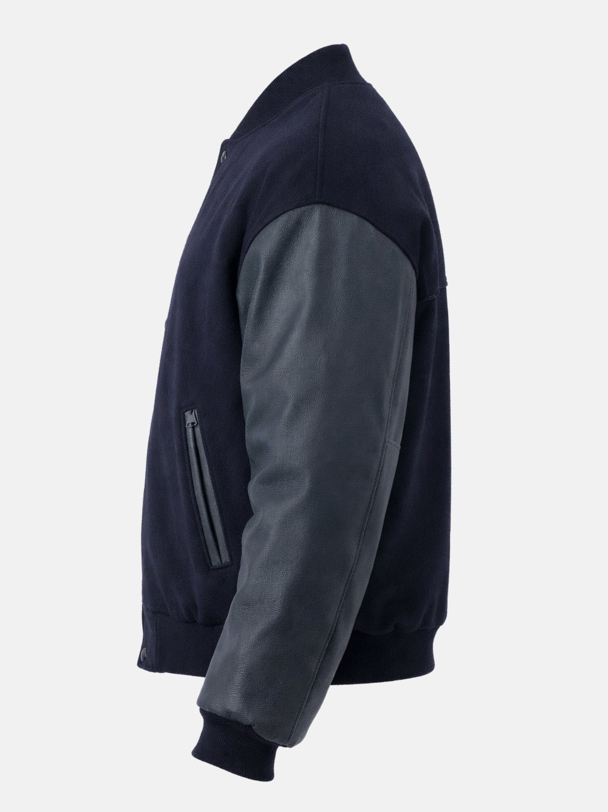 Reverse side view of a blue oversized varsity jacket with tonal ribbing