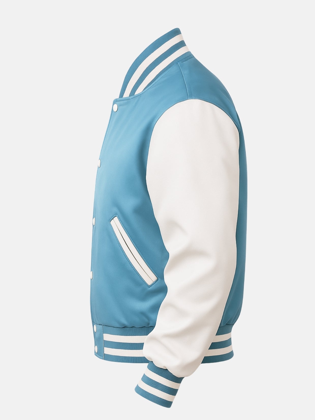 Reverse side view of a blue satin letterman jacket with white satin sleeve