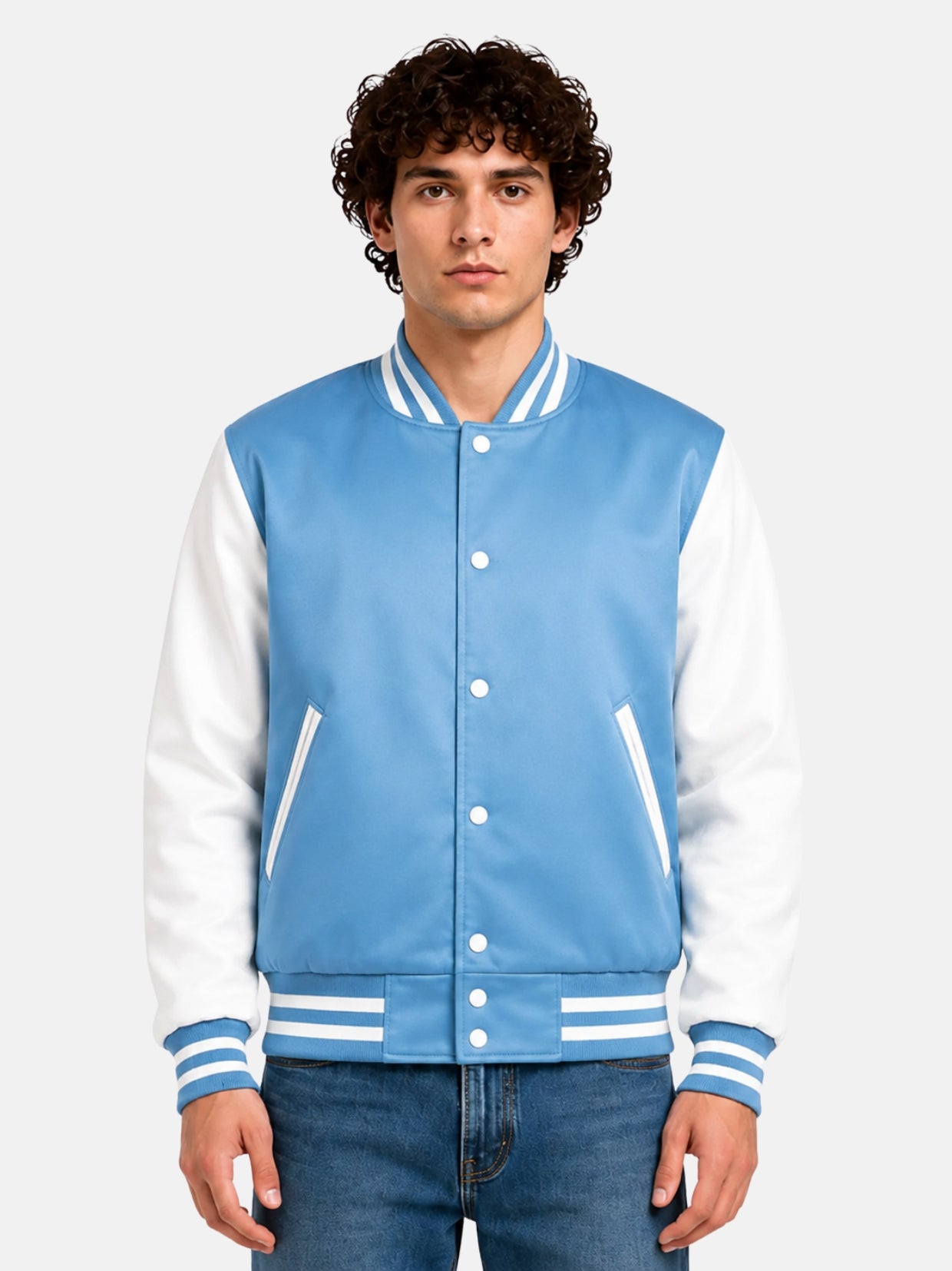 Man wearing a sky blue satin varsity jacket with white sleeves and pearl snaps