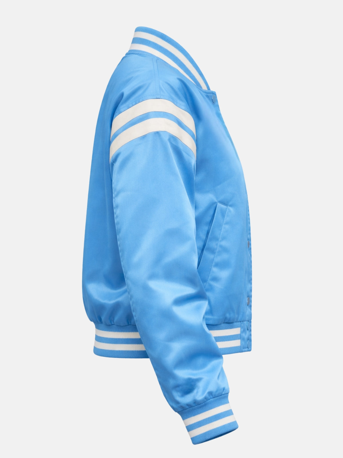 Light blue varsity jacket with white stripes on a light gray background
