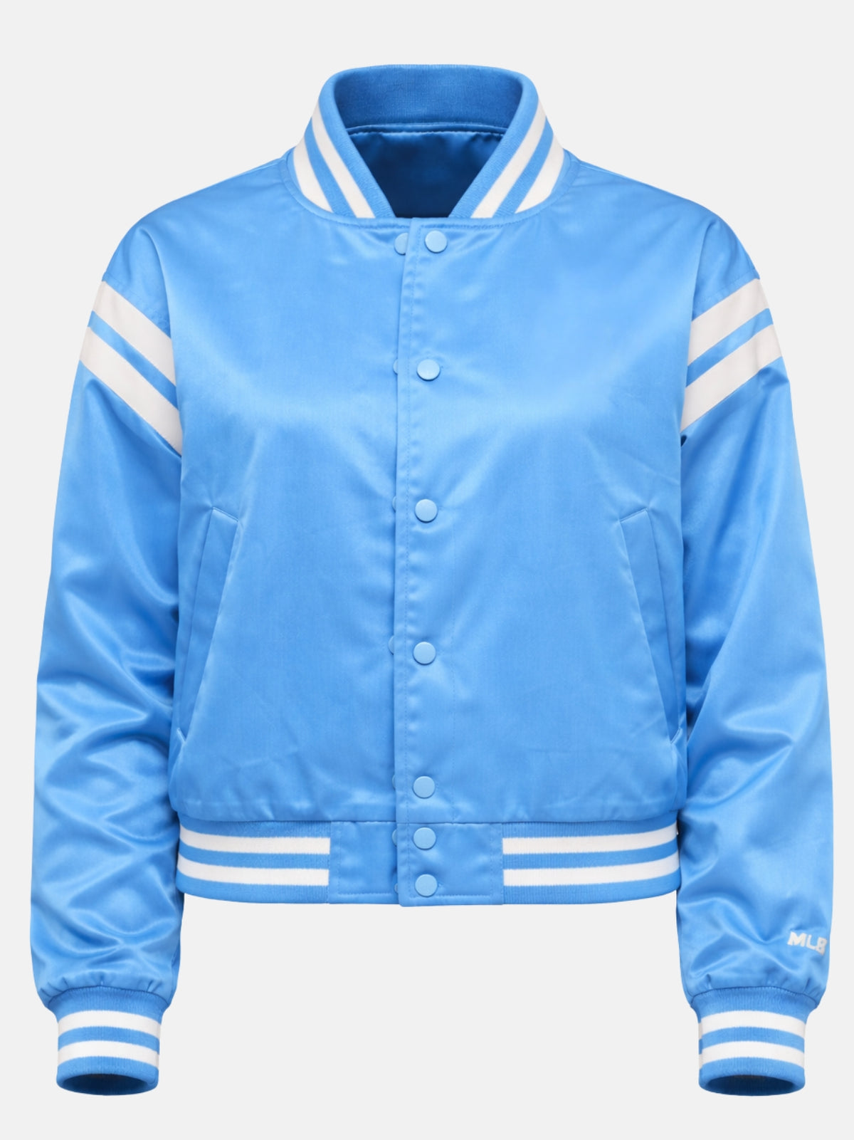 Flat lay front of light blue satin jacket with symmetric welt pockets