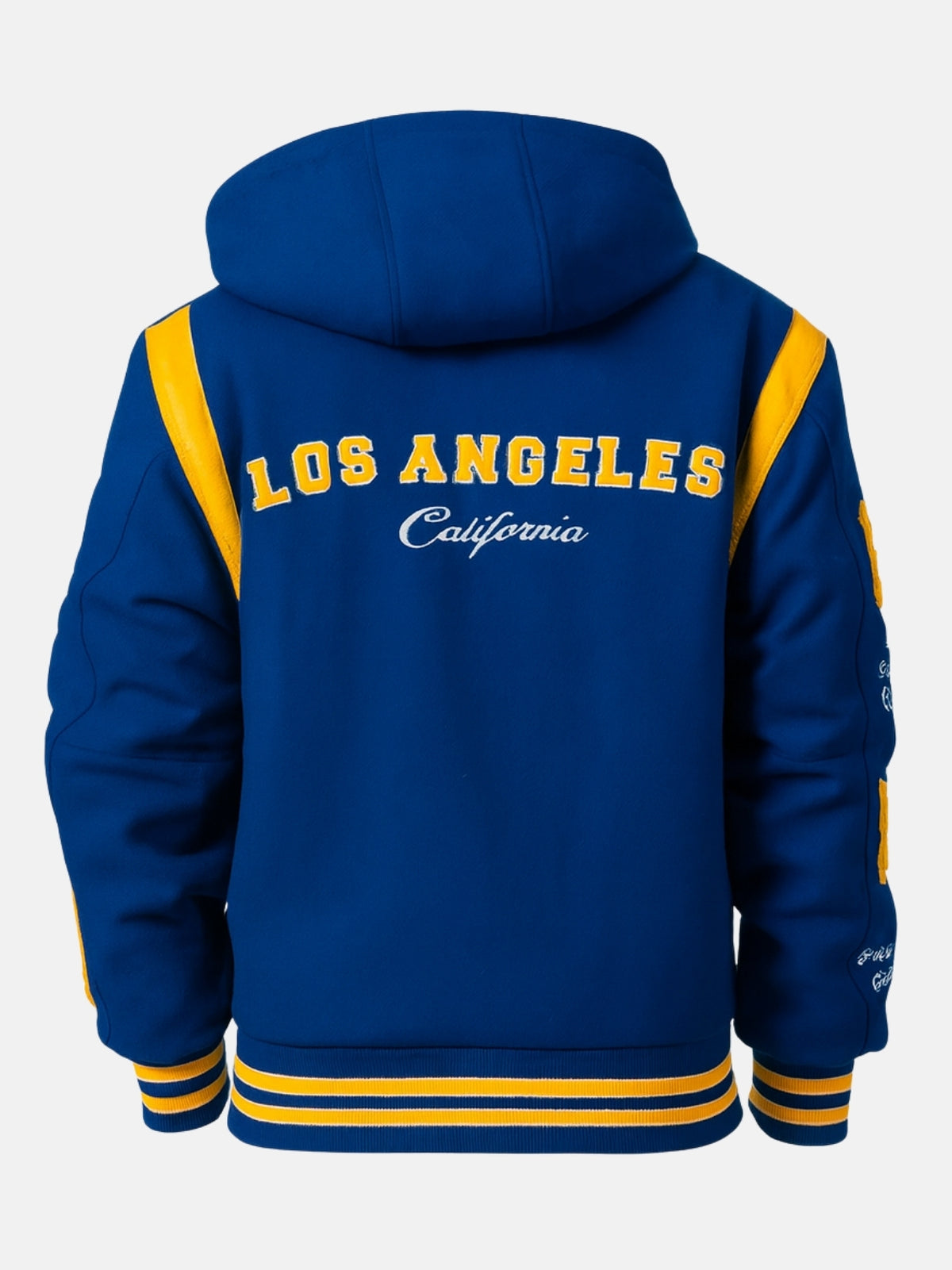 Flat back shot of royal blue varsity jacket with arched Los Angeles patch lettering