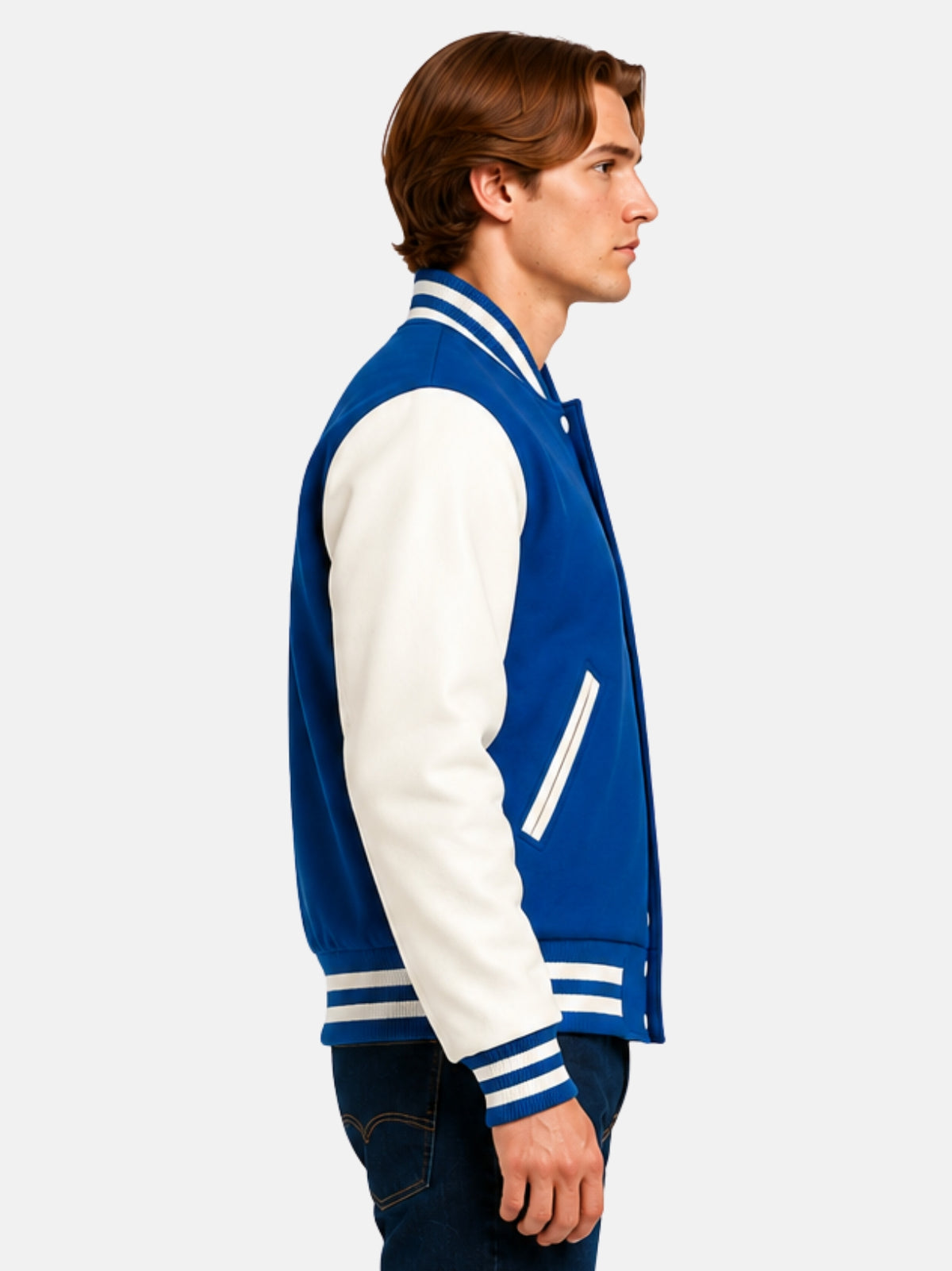 Side profile of blue varsity jacket showing white sleeve and striped cuff