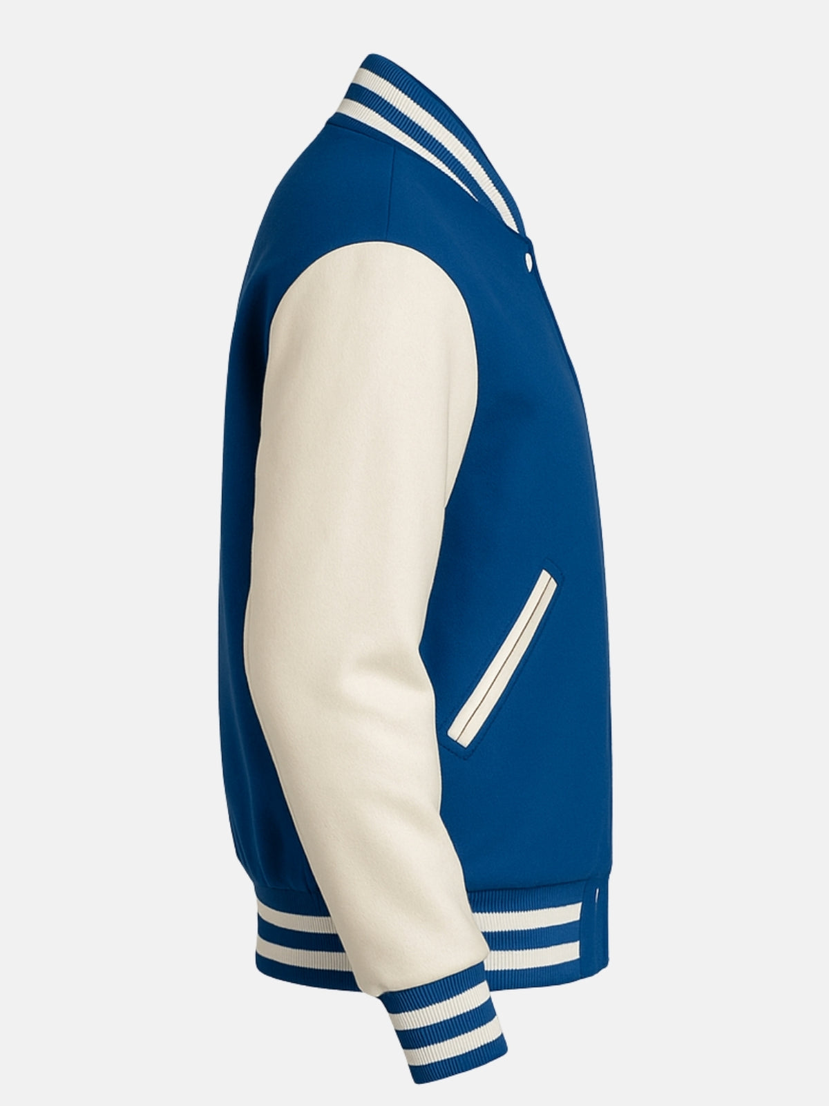 Flat side view of blue varsity jacket showing white welt pocket trim