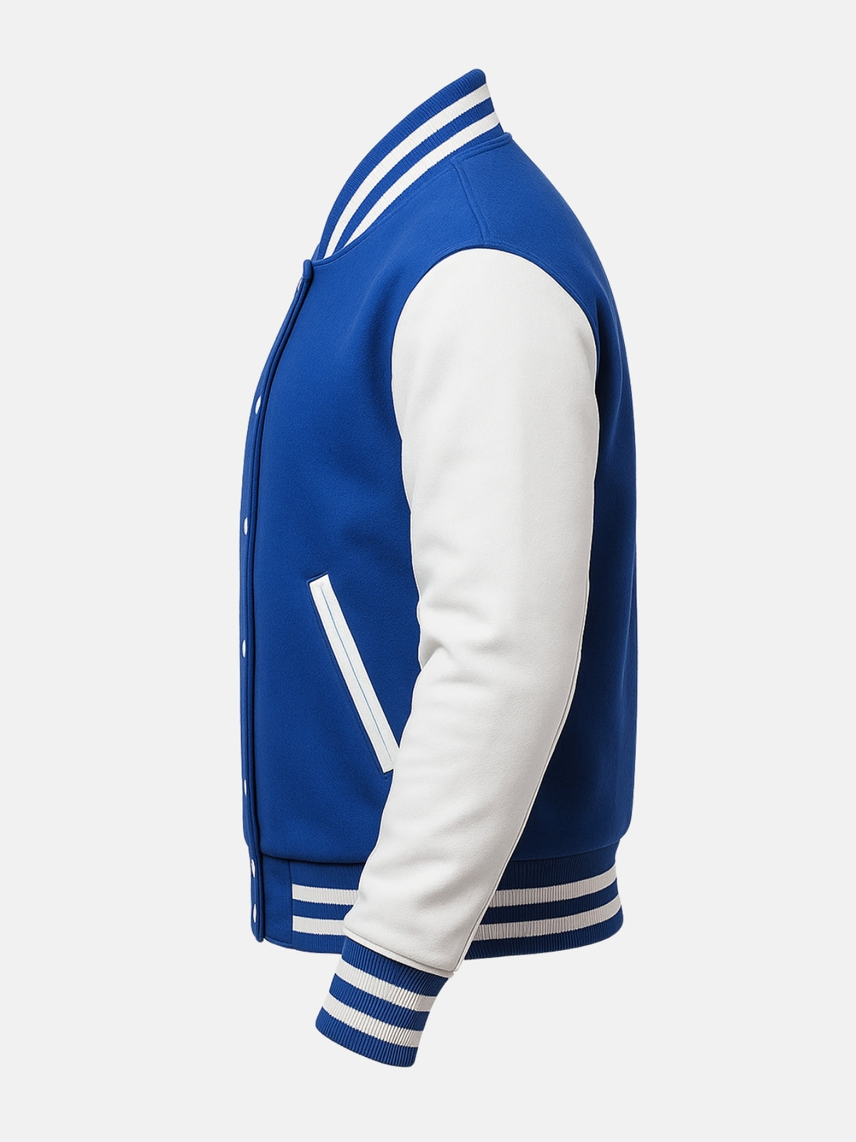 Left side of blue and white baseball-collar jacket with white leather sleeve and ribbed hem