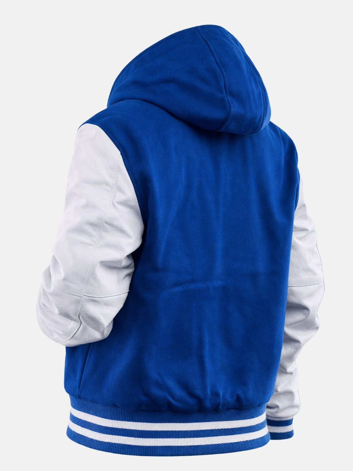 Angled back view of blue hooded varsity jacket showing hood shape and white sleeves