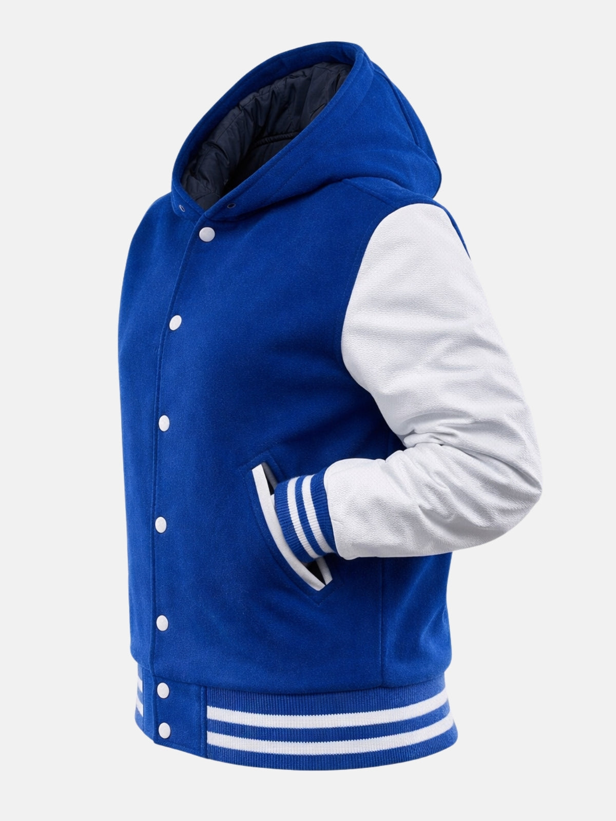 Side view of blue hooded varsity jacket with hood open and quilted lining visible