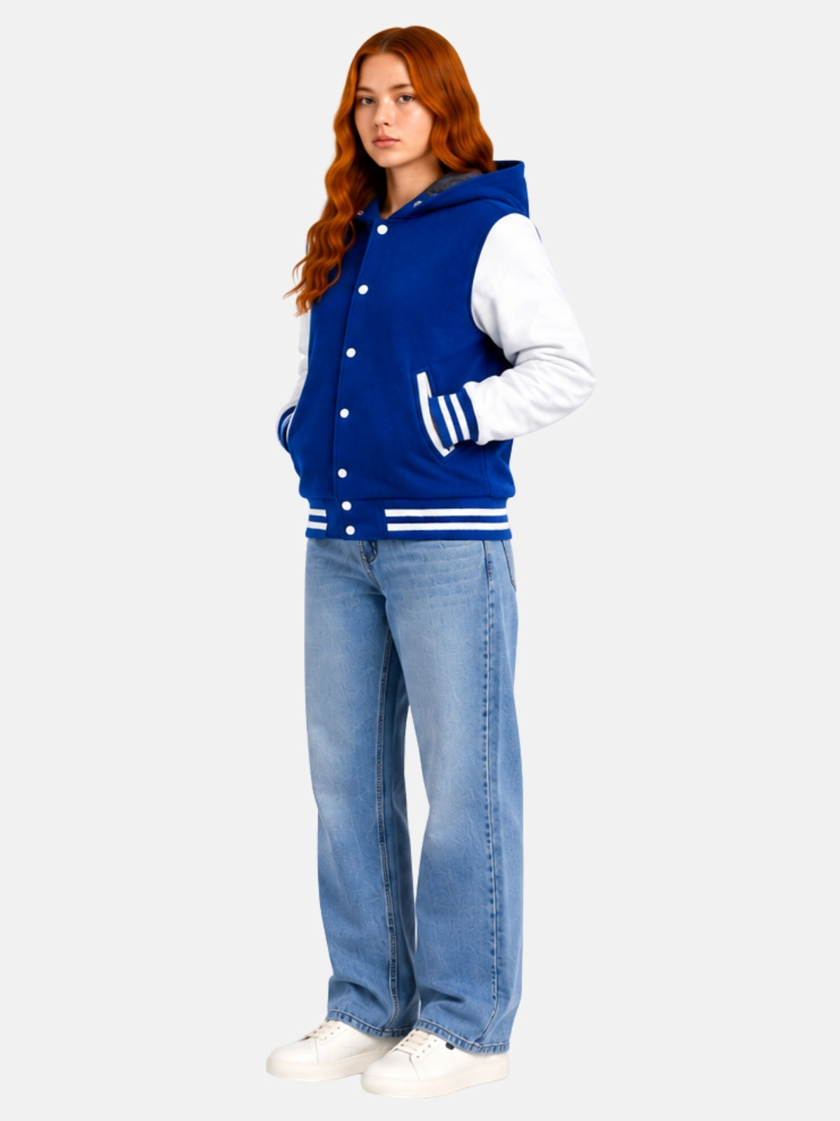 Full-length view of female model in royal blue hooded varsity jacket with hood up