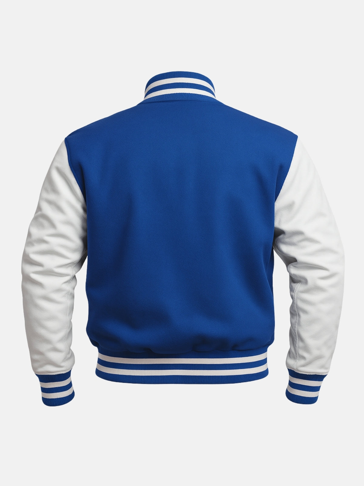 Blank royal blue back of varsity jacket with white sleeves, ready for custom patches