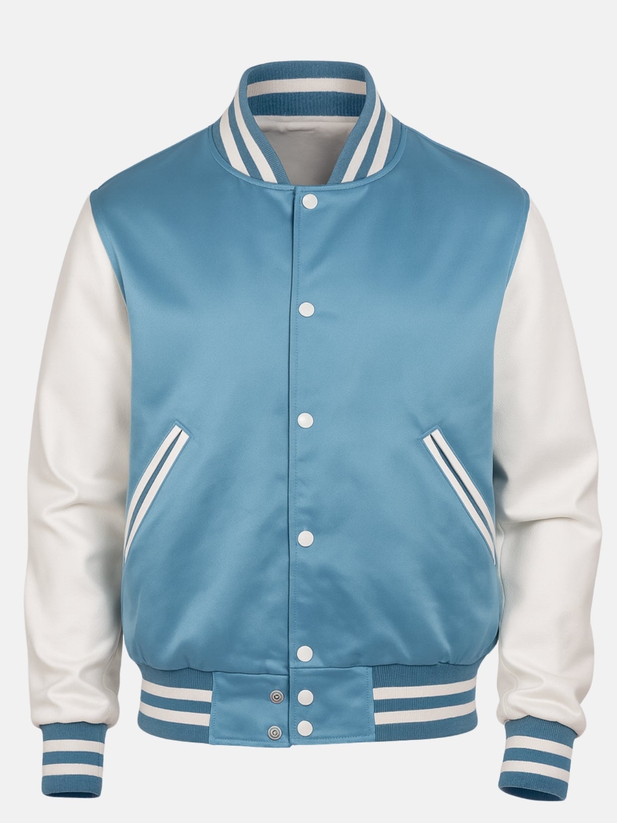 Front flat shot of a blue and white satin varsity jacket with pearl snap placket