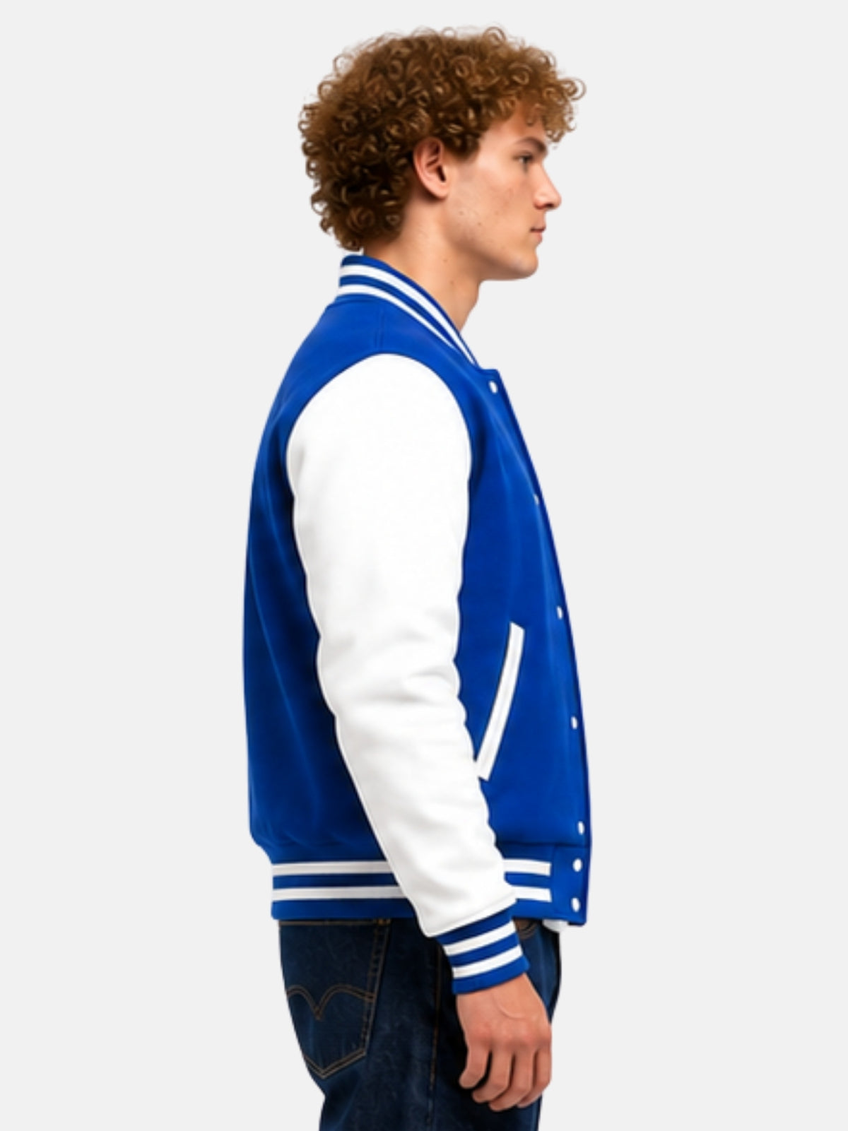 Side profile of blue and white varsity jacket showing white cowhide sleeve and striped cuff