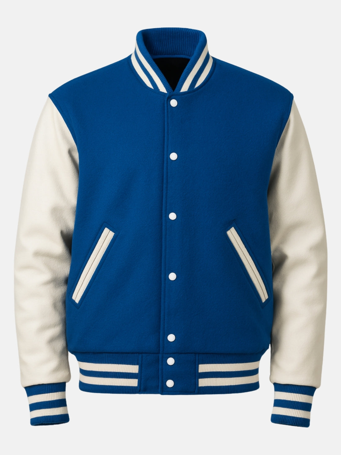 Man wearing a blue and white varsity jacket with striped rib trims and snap front