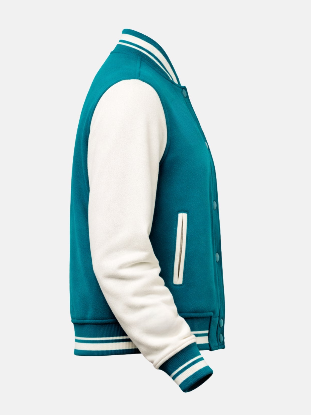 Women’s blue and white varsity jacket with ribbed trim, right view
