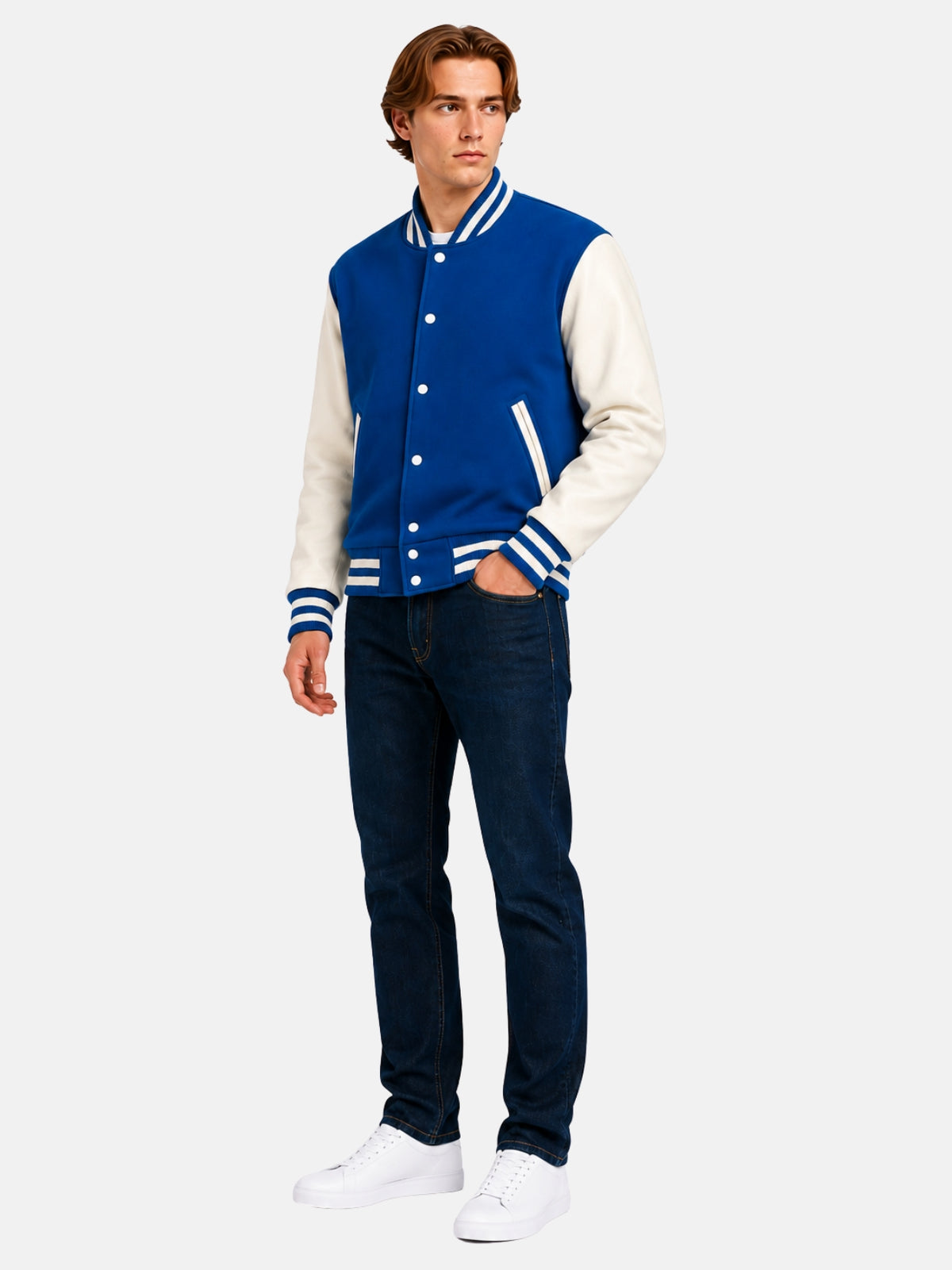 Full-length view of model in royal blue wool varsity jacket with dark denim