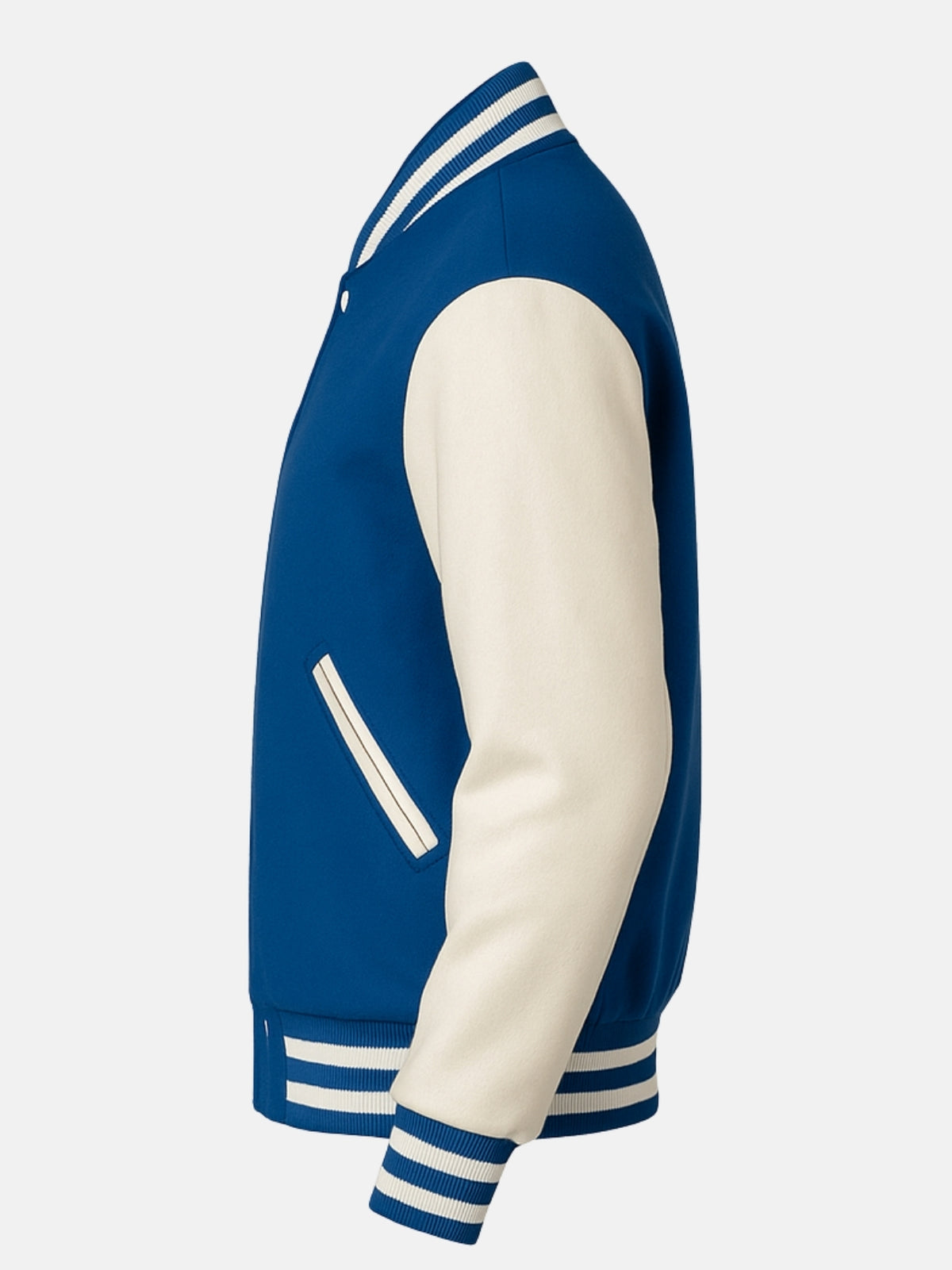 Side flat view of blue and white wool varsity jacket with striped hem