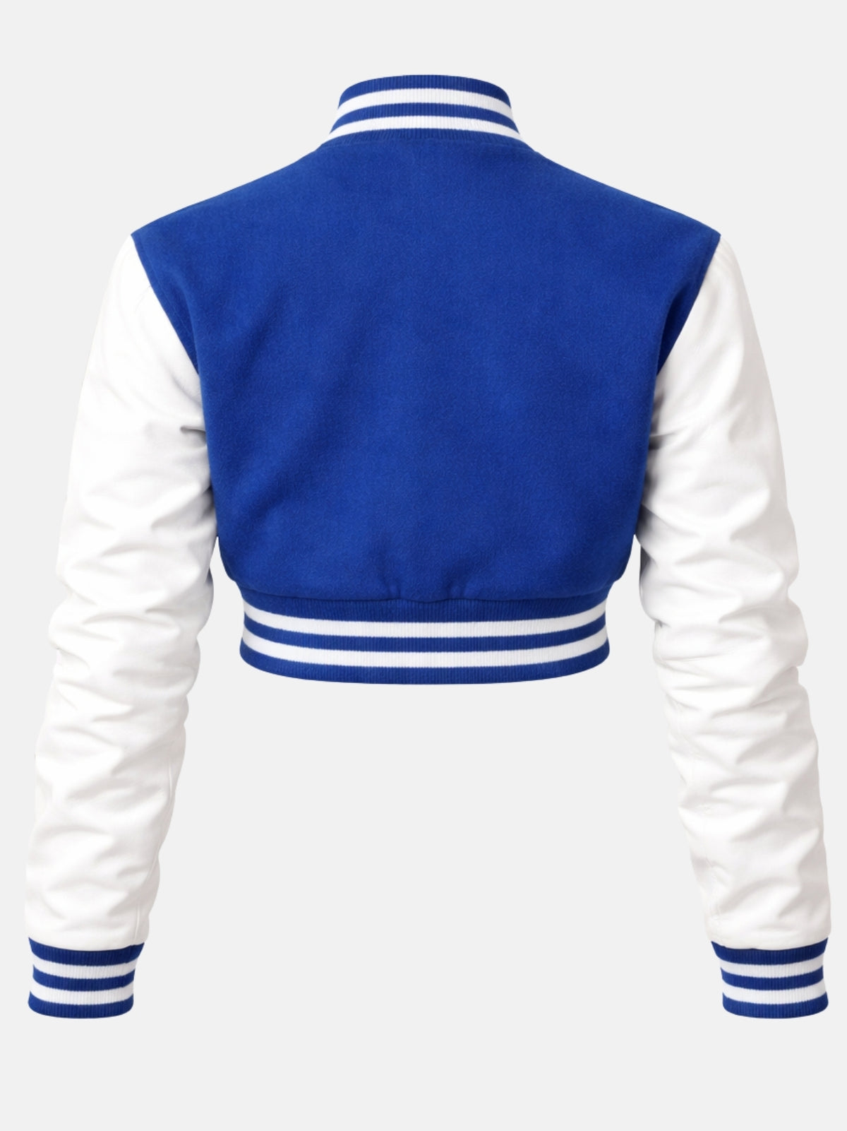 Flat lay, back, blue wool panel with white leather sleeves meeting at a set-in shoulder seam