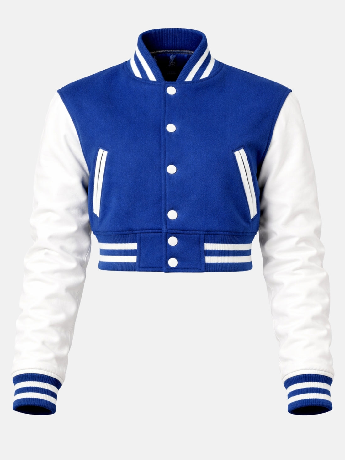 Model in royal blue wool jacket with white leather sleeves, snapped closed, front view