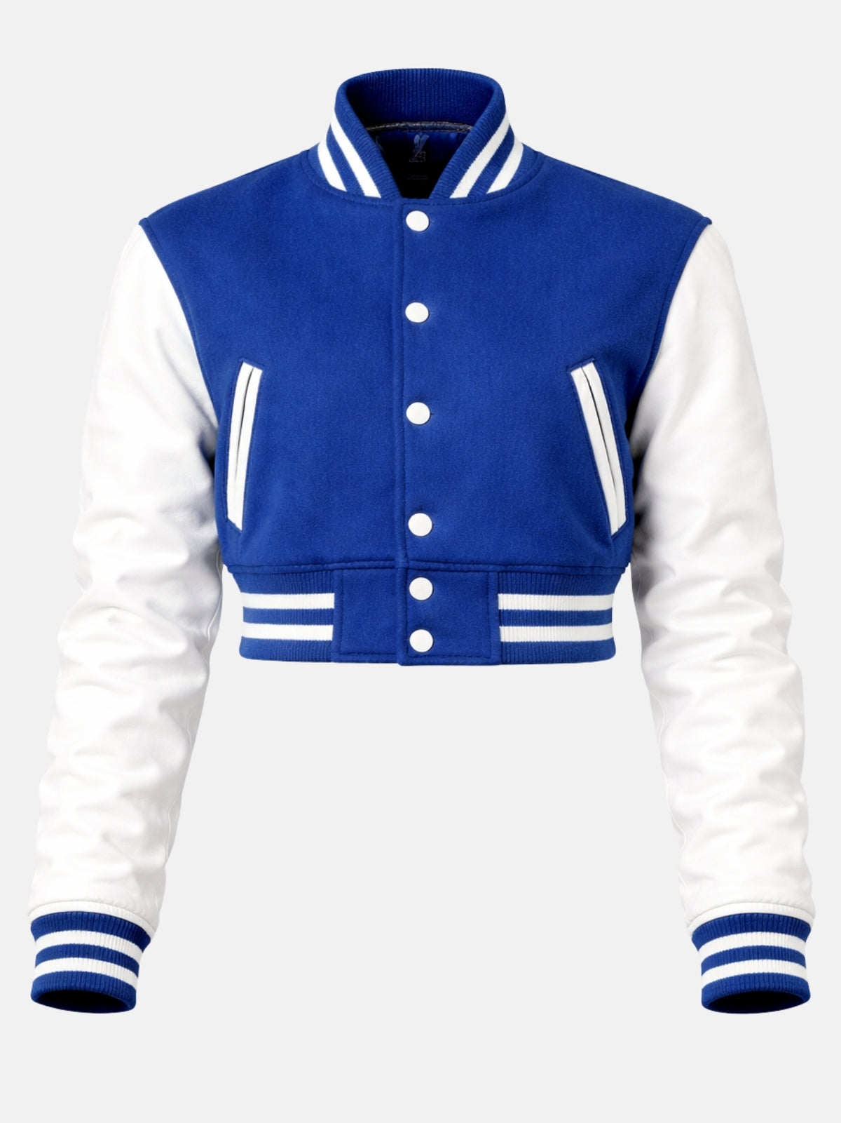 Flat lay, front, five white snaps closed with matching white-piped pockets on each side