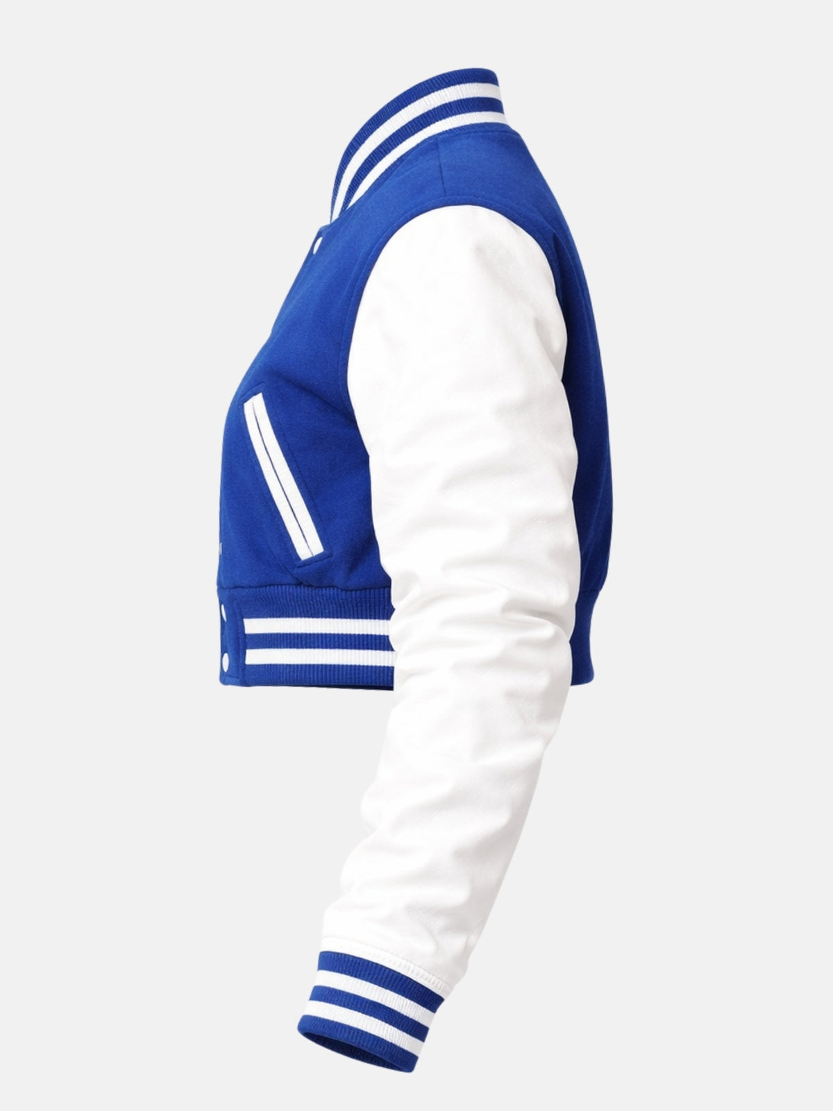 Flat lay, straight side profile, sleeve extended showing the wool-to-leather transition