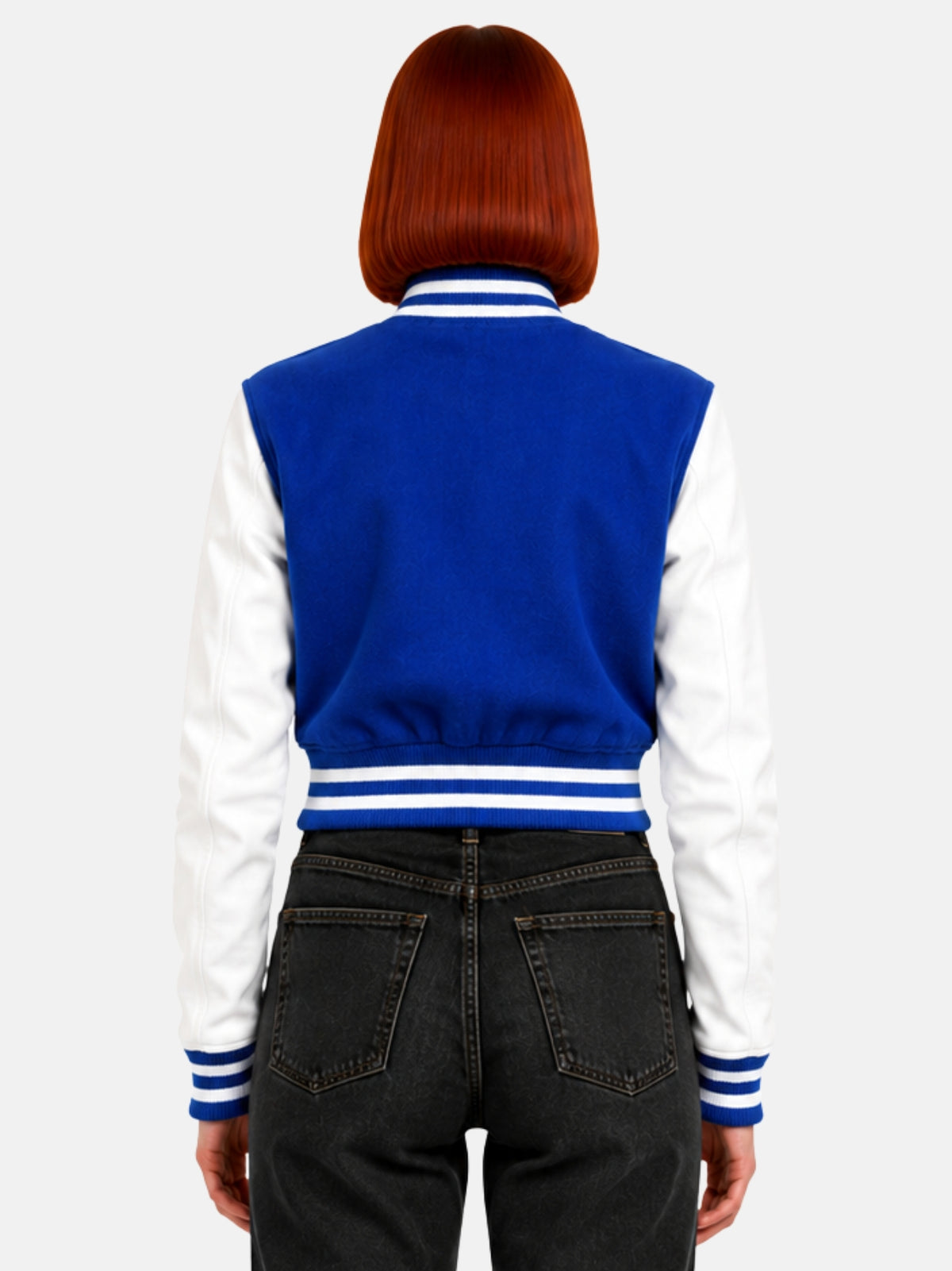 Back view of model showing the solid blue wool panel against the white leather sleeves