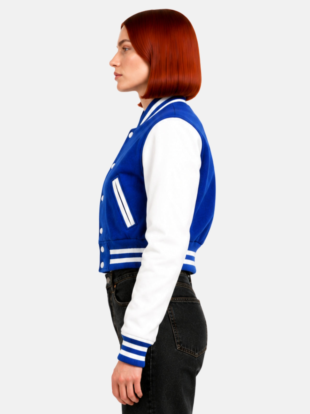 Side profile of model showing the white-piped pocket against the royal blue wool body