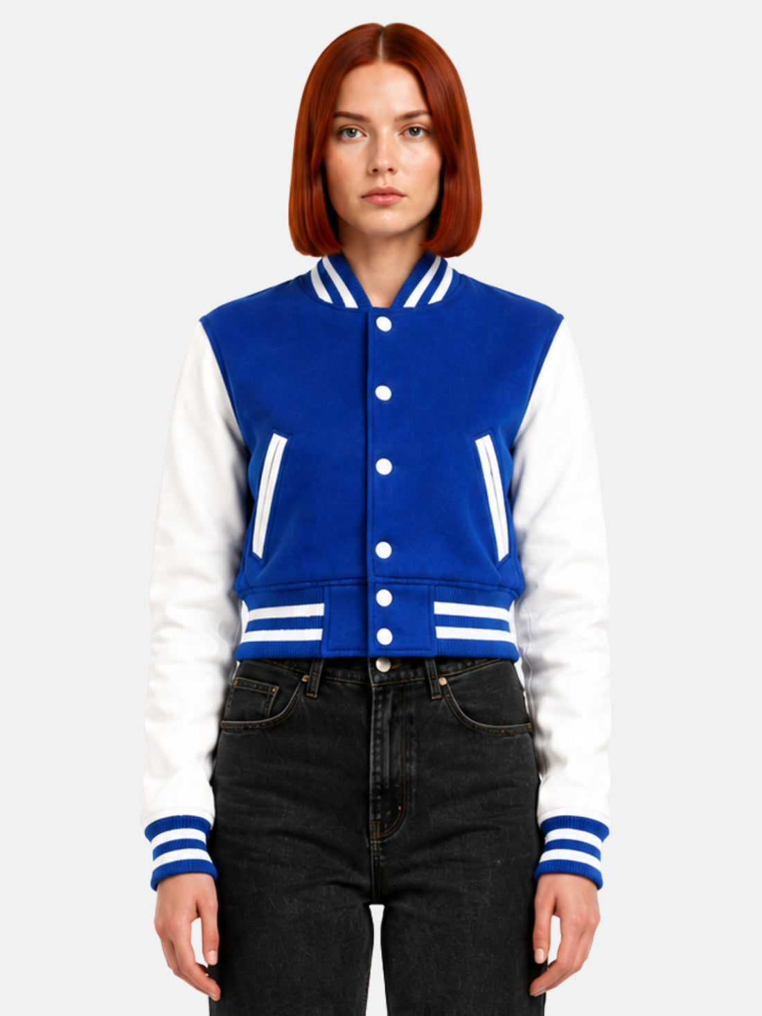 Model in royal blue wool jacket with white leather sleeves, snapped closed, front view