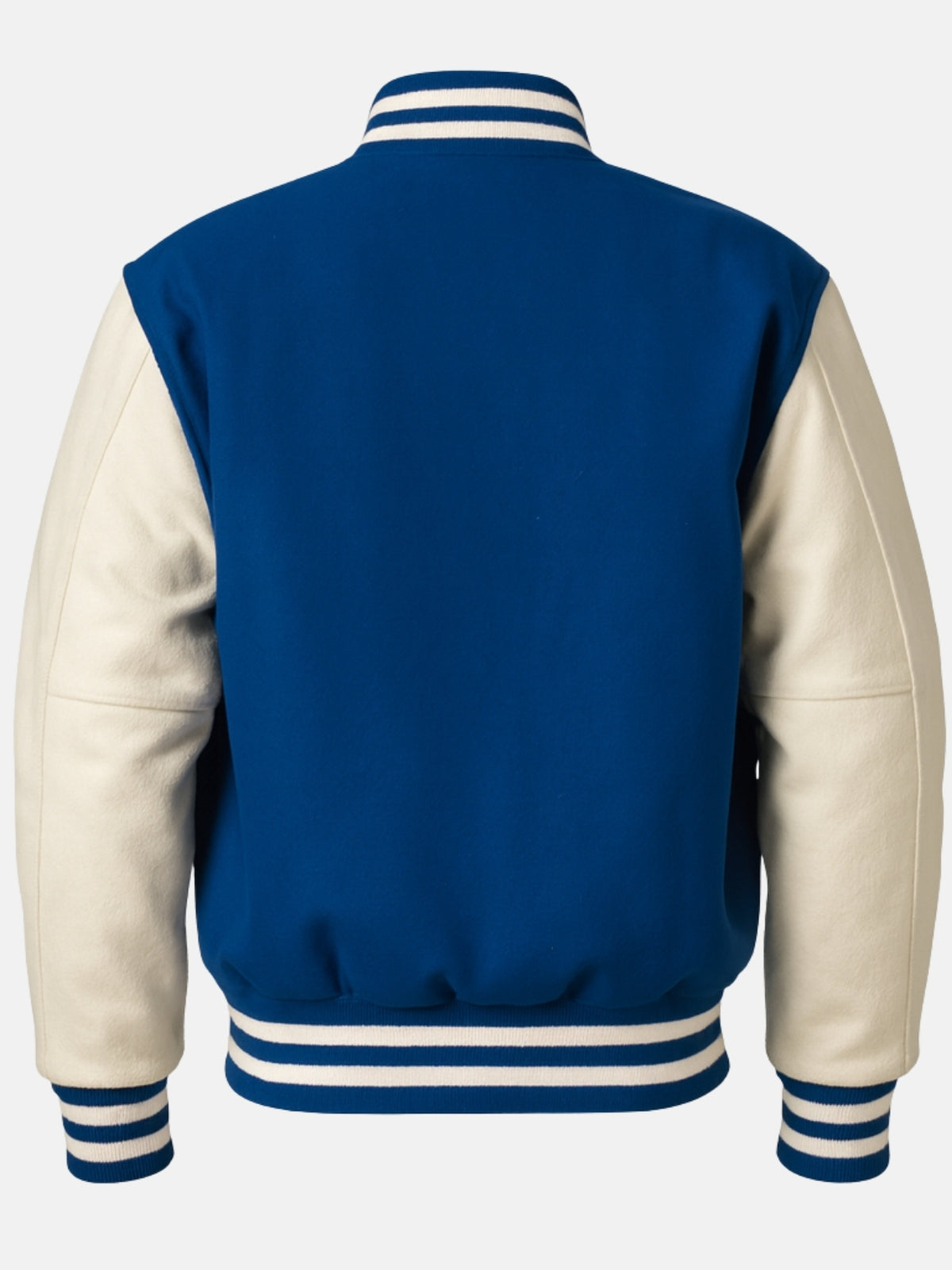 Flat back shot of royal blue wool varsity jacket with white sleeves