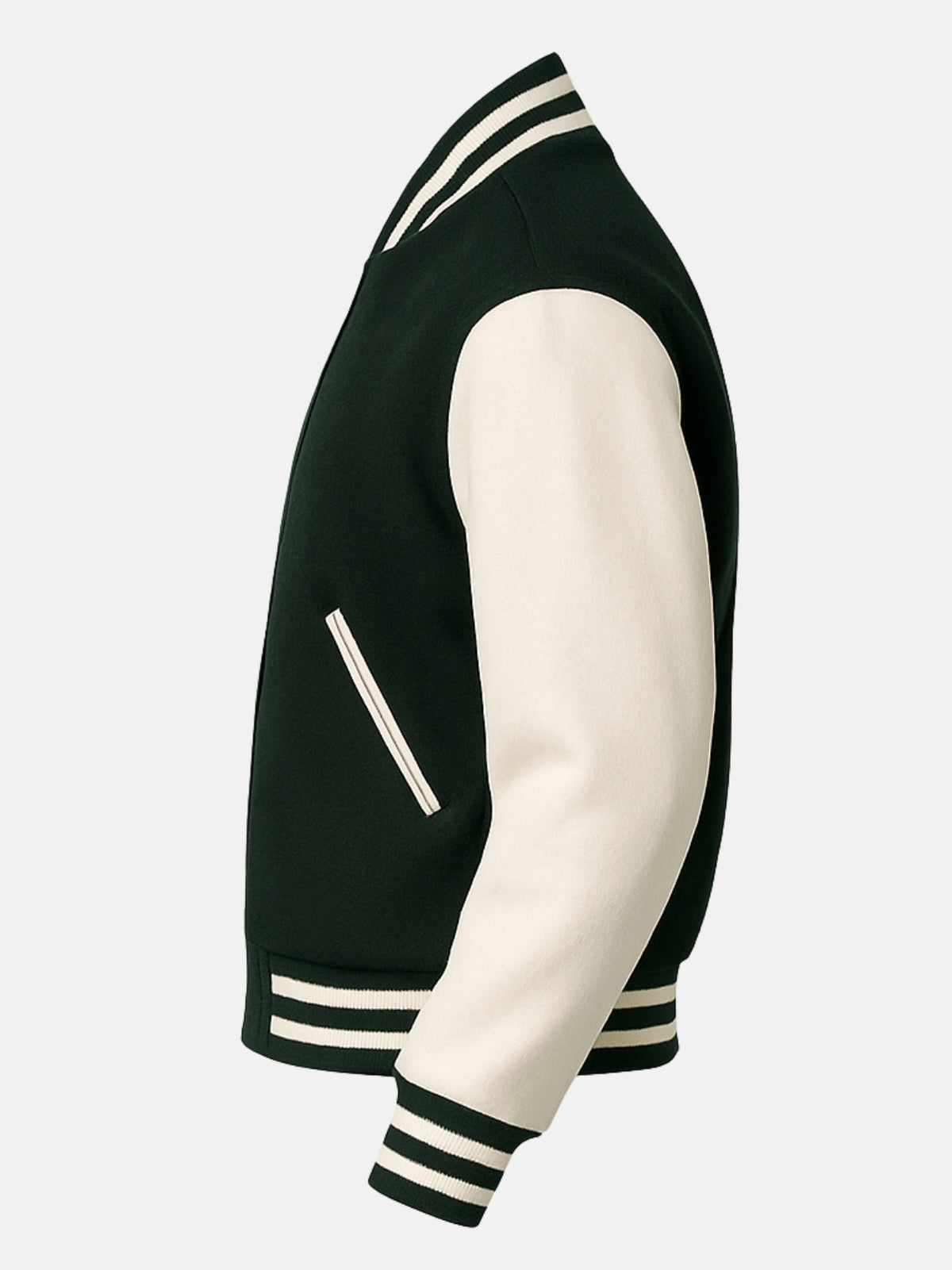  Side view of bottle green varsity jacket with striped hem and cuffs