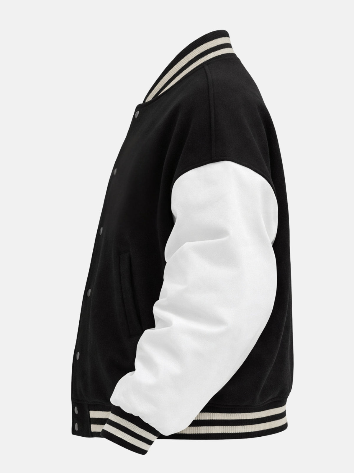 Profile of boxy black and white varsity jacket with drop shoulder seam