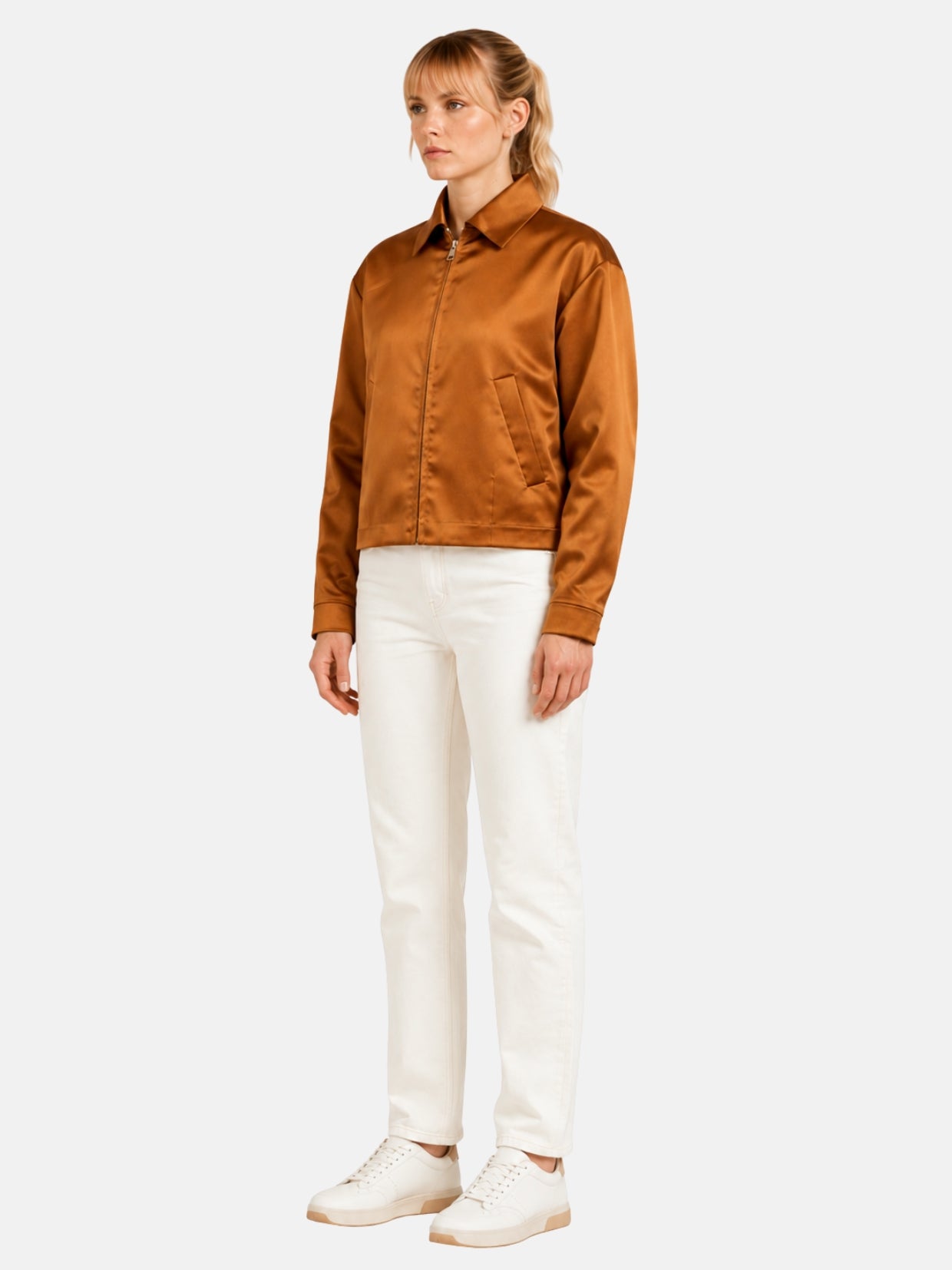 Angled full-body view of bronze satin zip-front jacket