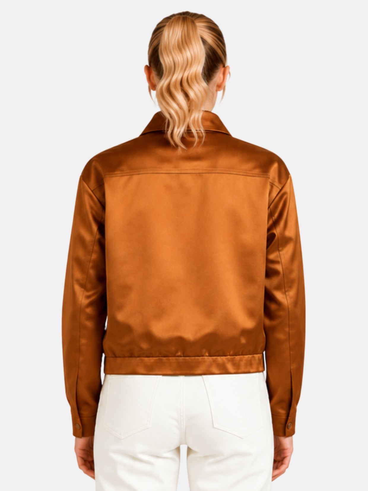 Back view of bronze satin jacket with shoulder yoke seam